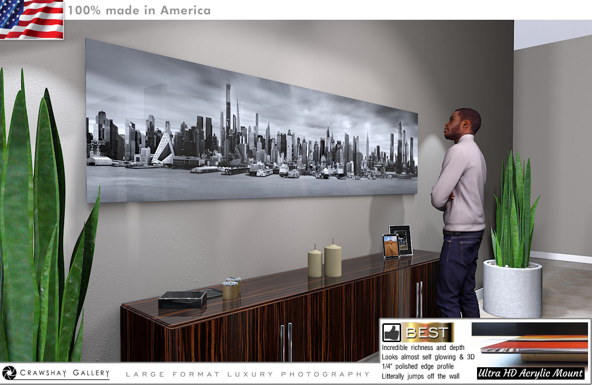 Face Mounted Acrylic Print of New York Skyline in Black and White