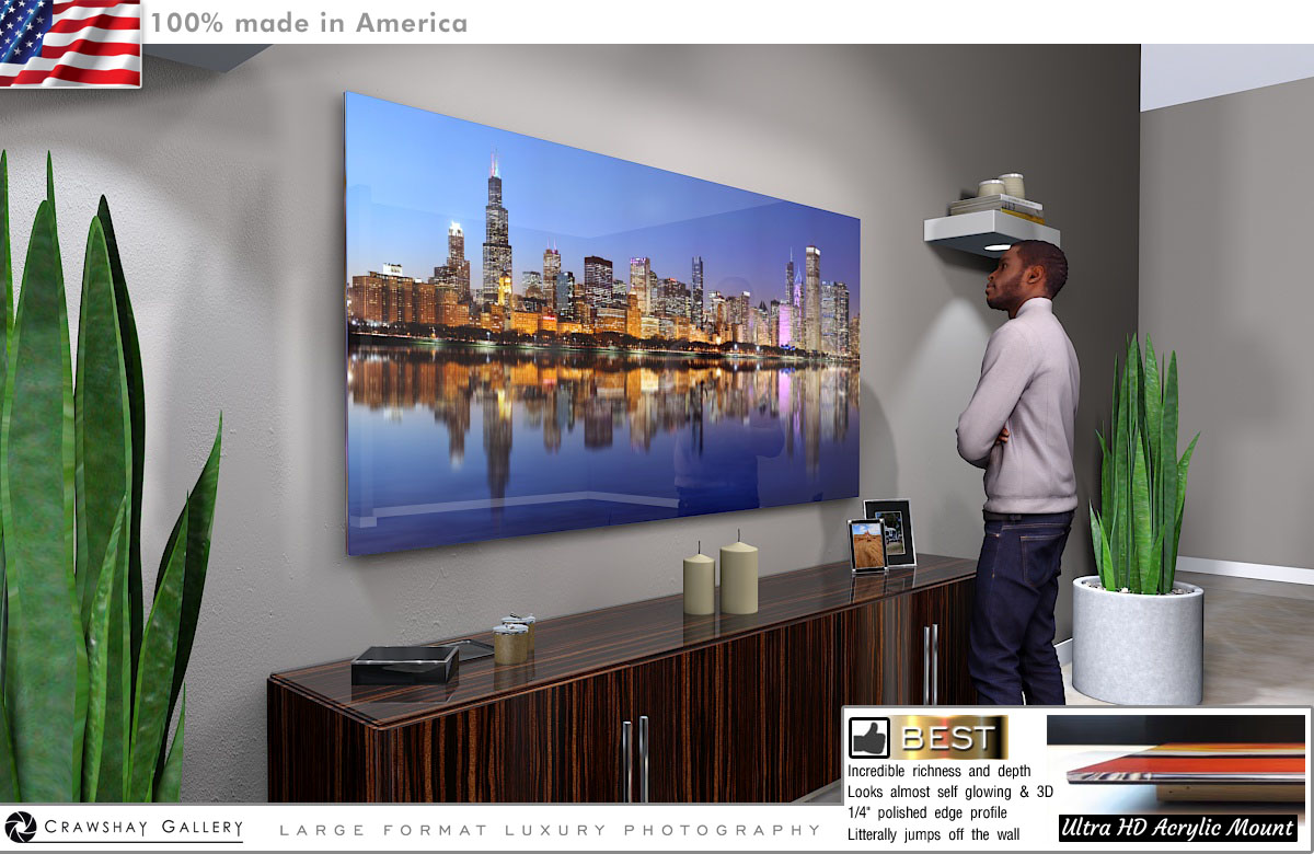 Face Mounted Acrylic Print of Chicago Skyline Night Photograph