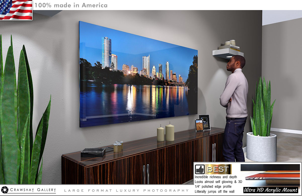 Face Mounted Acrylic Print of Austin Texas Skyline reflecting water