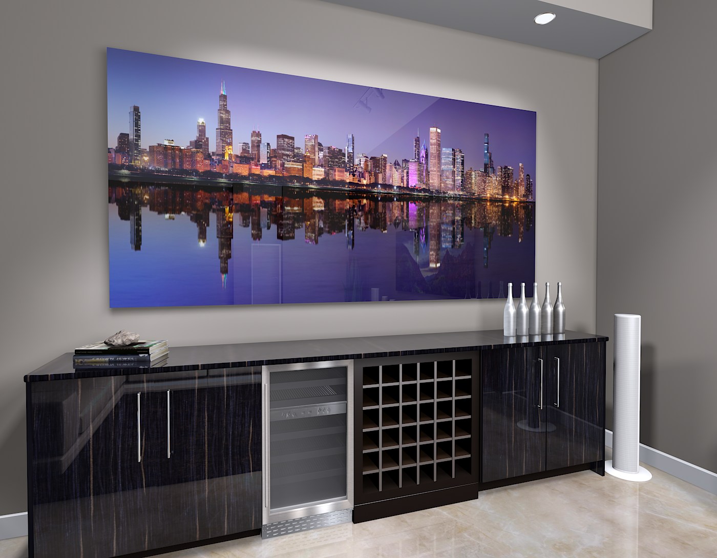 large format photograph of Chicago Skyline at night depicted in room