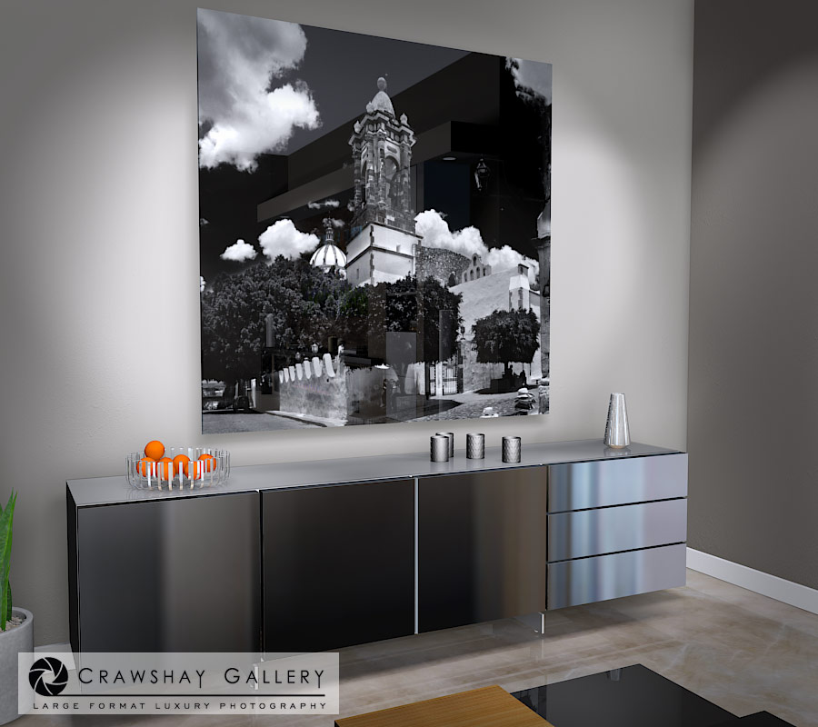 large format photograph of Mexican Catholic Church depicted in room