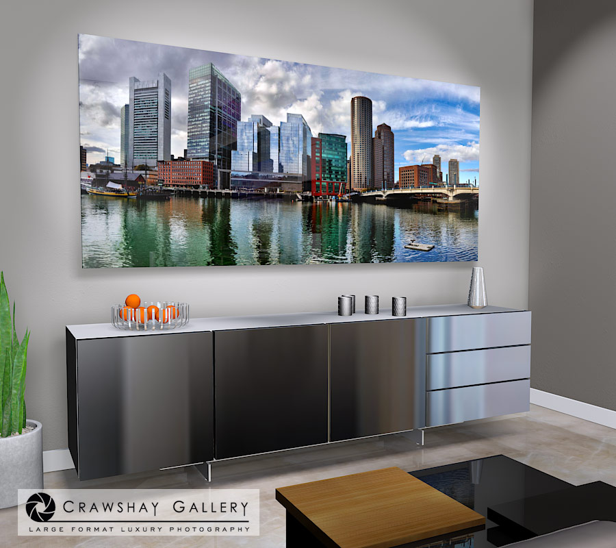 large format photograph of Boston Harbor Skyline depicted in room
