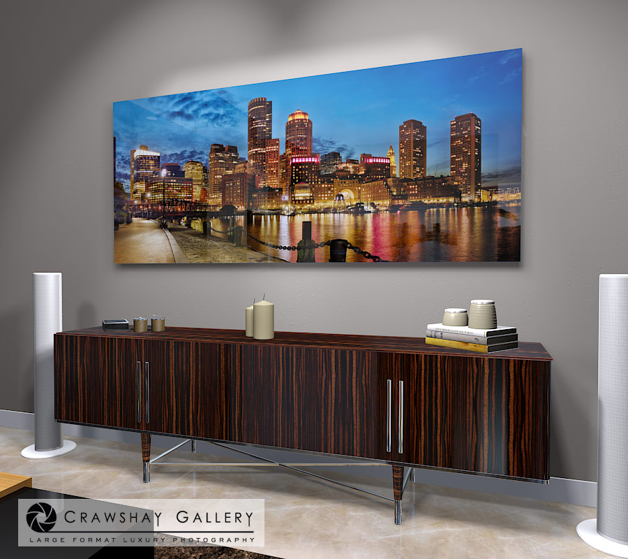 large format photograph of Sunset Boston Skyline Photograph depicted in room
