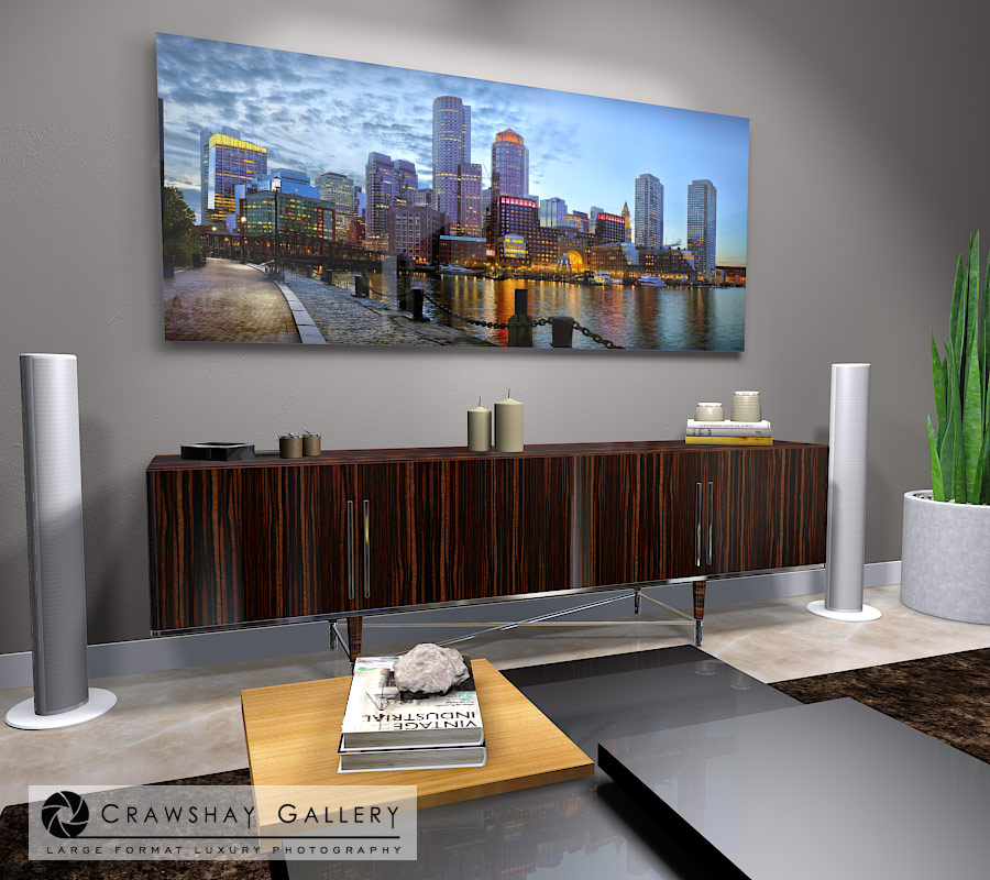 large format photograph of Boston Skyline at Fan Pier Park II depicted in room