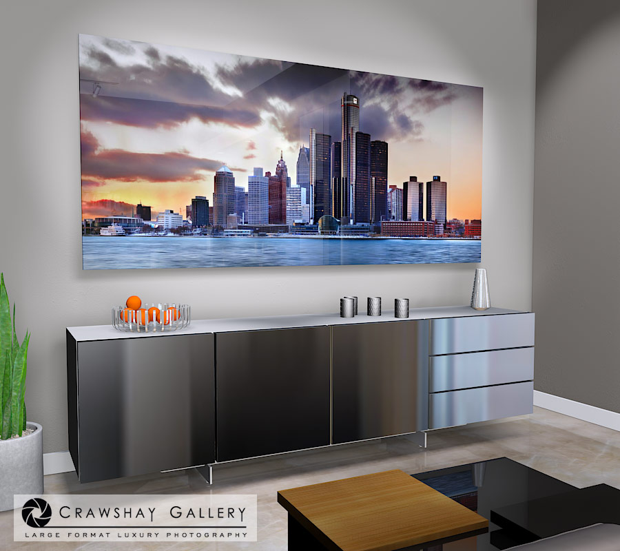 large format photograph of Detroit Panoramic Skyline Photofraph depicted in room