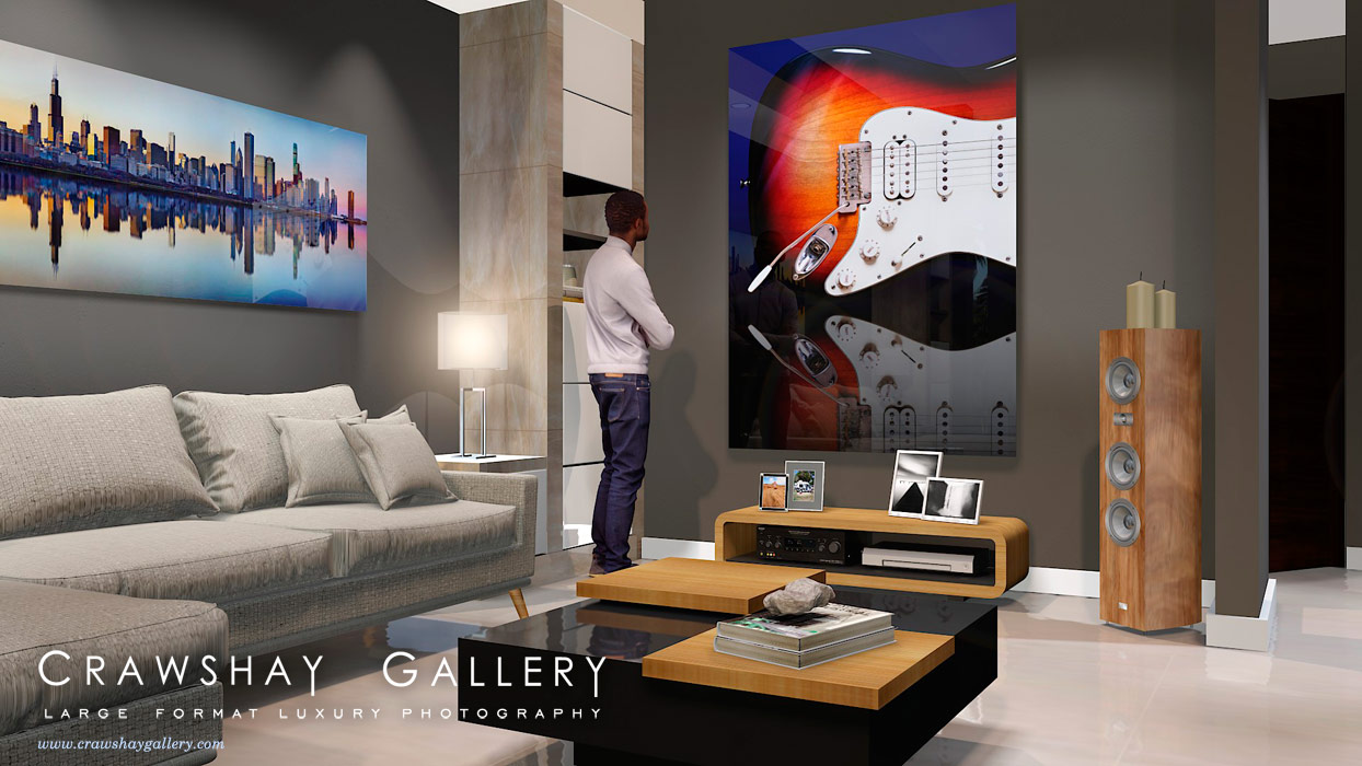 large format photograph of Fender Stratocaster Close Up depicted in room