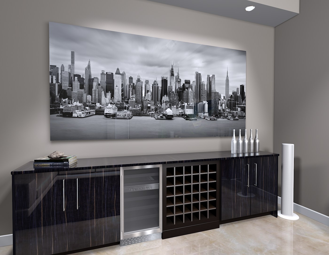 large format photograph of Black and White New York Skyline depicted in room