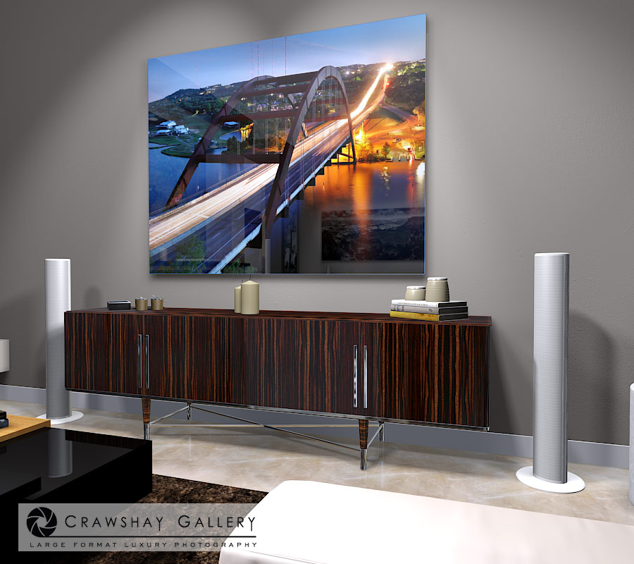 large format photograph of The Pennybacker Bridge at Night depicted in room