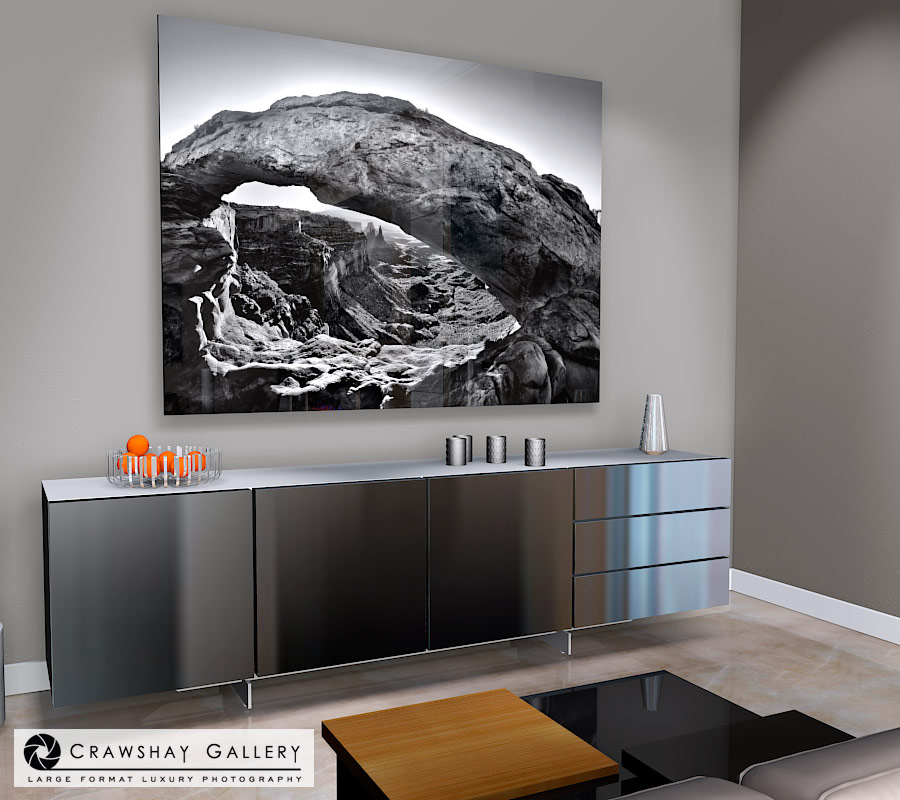 large format photograph of Alternative Mesa Arch Angle Black & White depicted in room