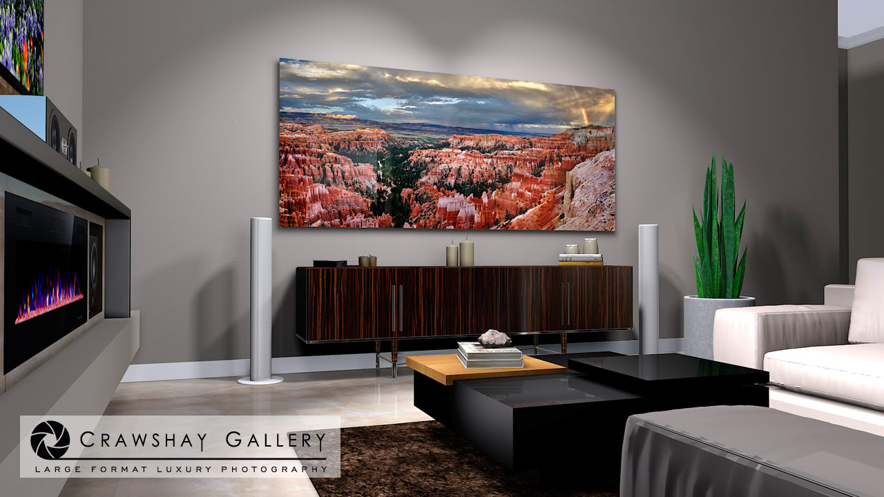 large format photograph of Bryce Canyon rainbow depicted in room