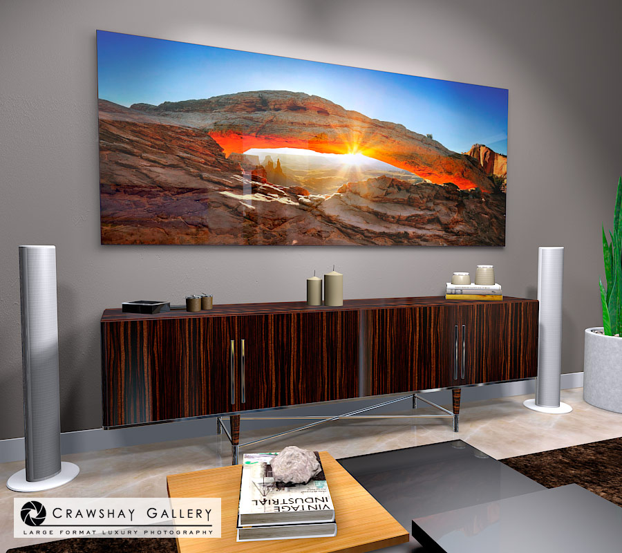 large format photograph of Mesa Arch Sunrise depicted in room
