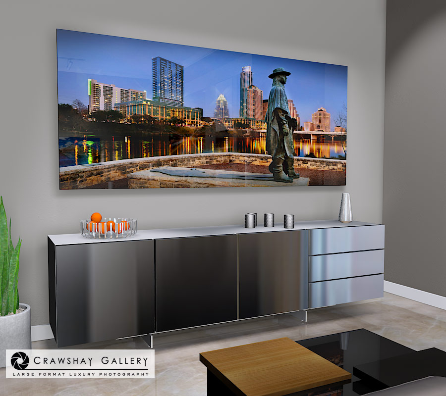 large format photograph of Stevie Ray Vaughan & Austin Skyline depicted in room