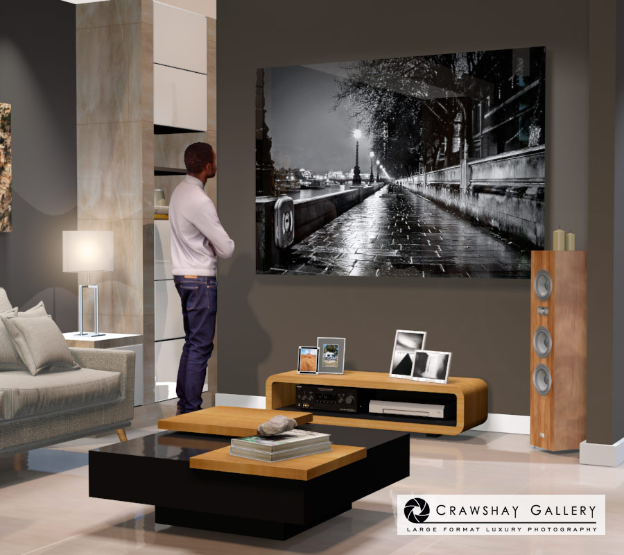 large format photograph of Black & White London depicted in room