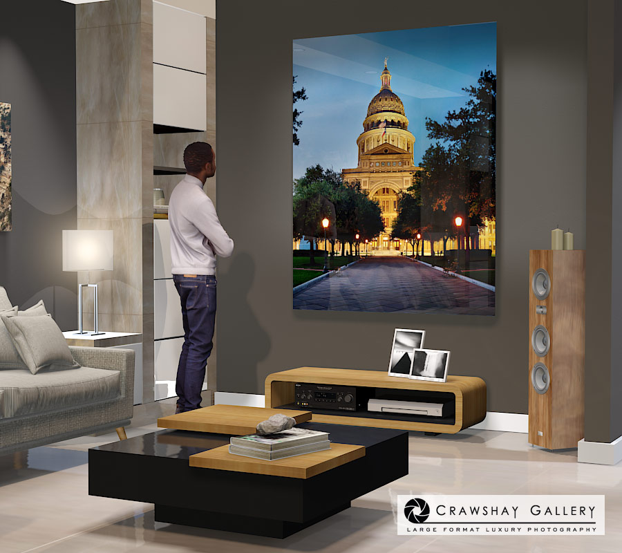 large format photograph of Texas State Capitol from the Front depicted in room