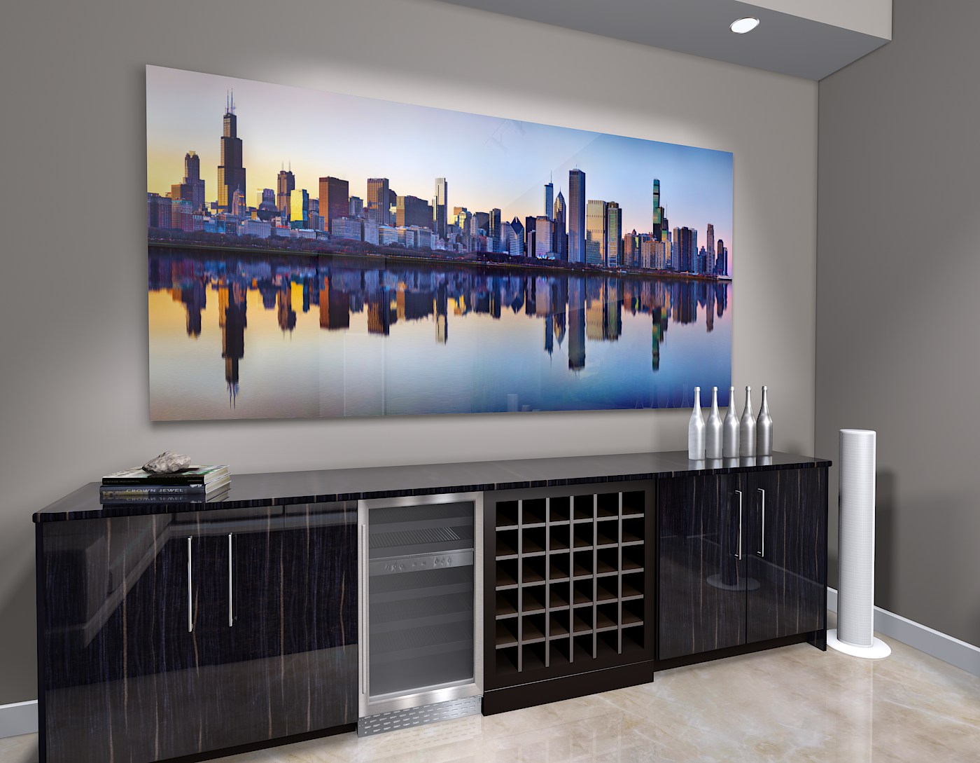 large format photograph of Sunset Chicago Skyline Photograph depicted in room