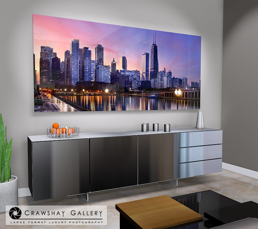 large format photograph of Chicago Sunset from Navy Pier depicted in room