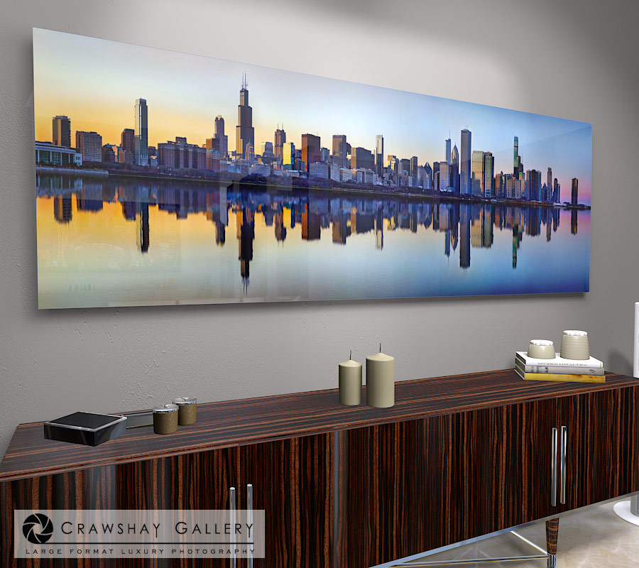 large format photograph of Chicago Sunset Skyline Panorama depicted in room