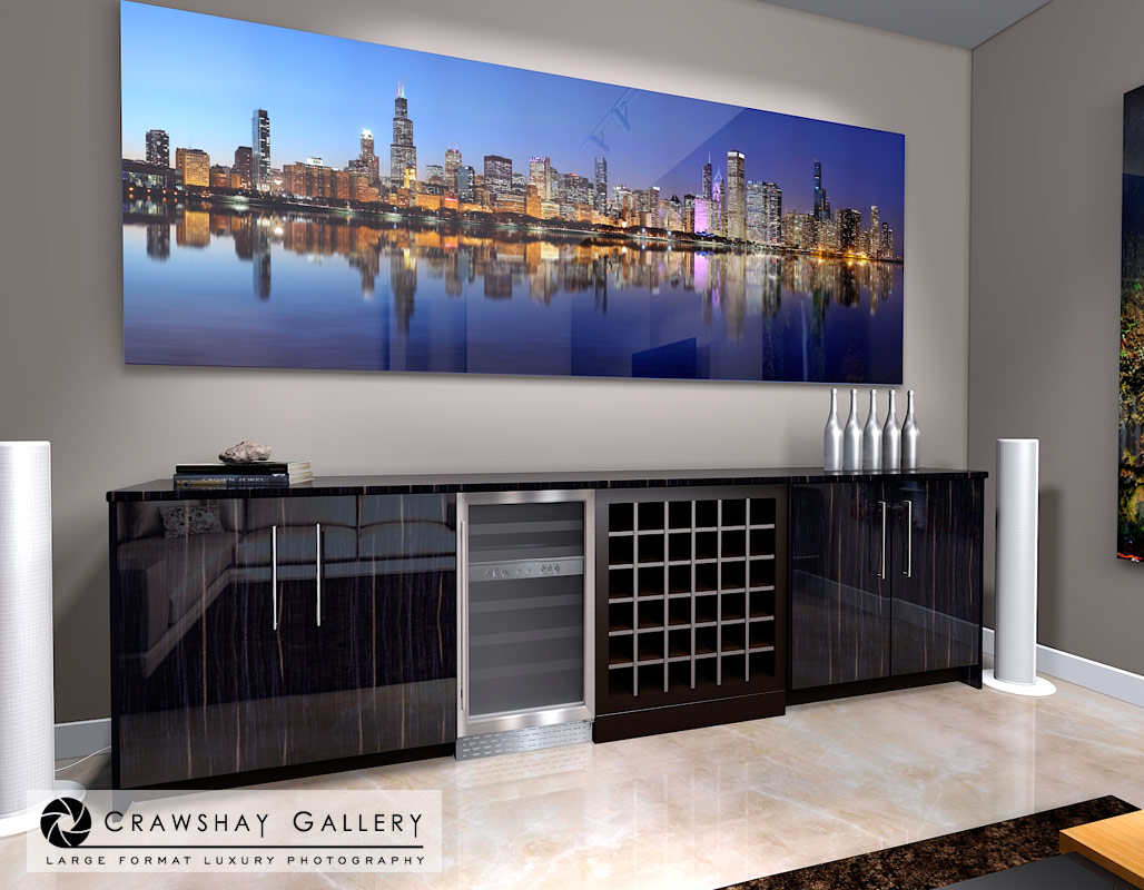 large format photograph of Chicago Skyline at Sundown depicted in room