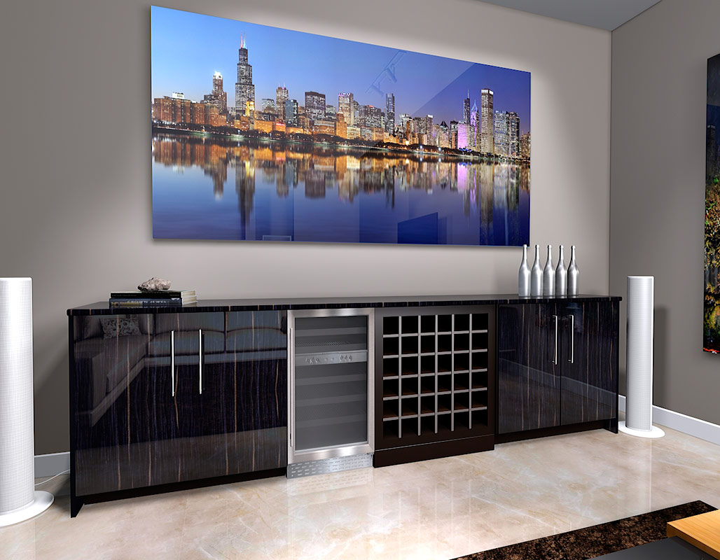 large format photograph of Chicago Skyline Night Photograph depicted in room