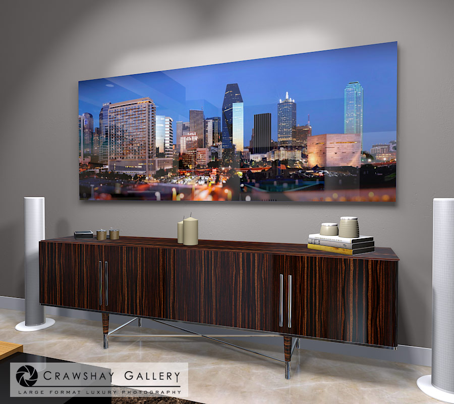 large format photograph of Dallas Skyline from Victory Park depicted in room