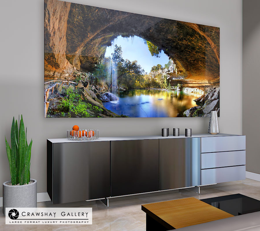 large format photograph of The Grotto at Hamilton Pool Austin depicted in room