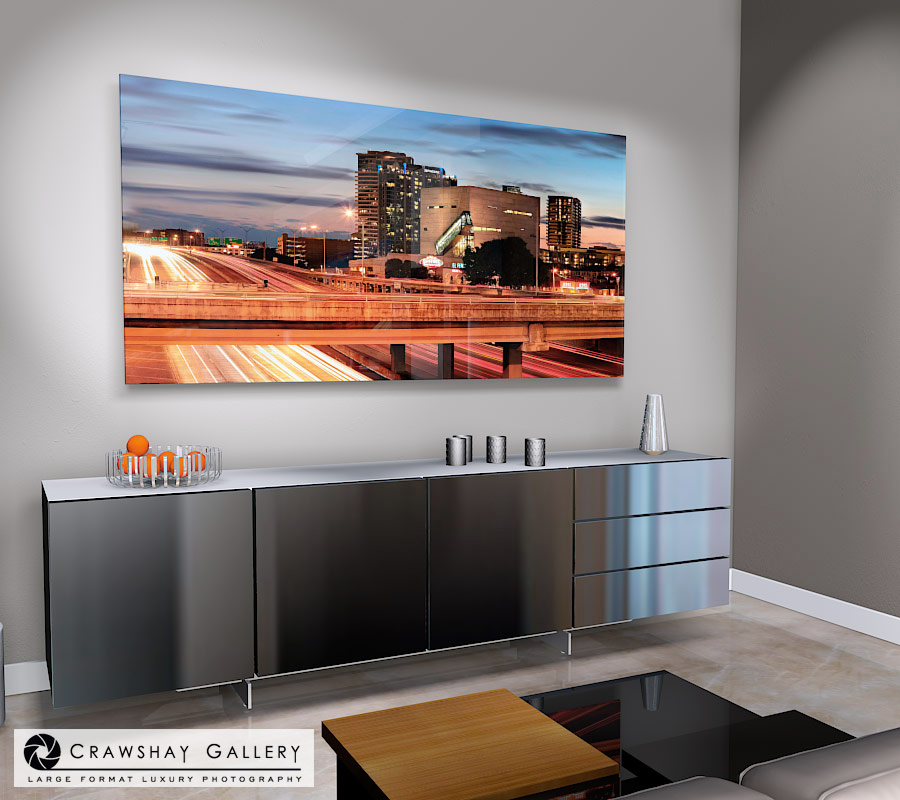 large format photograph of Urban Dallas Perot Museum depicted in room