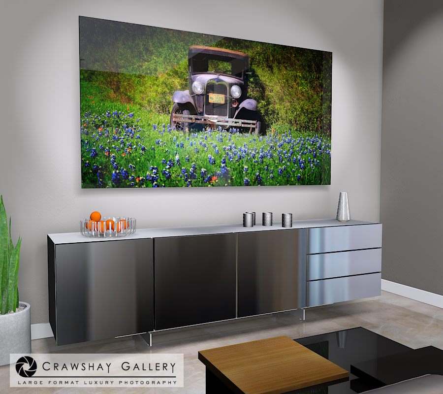 large format photograph of Texas Bluebonnets Vintage Ford depicted in room