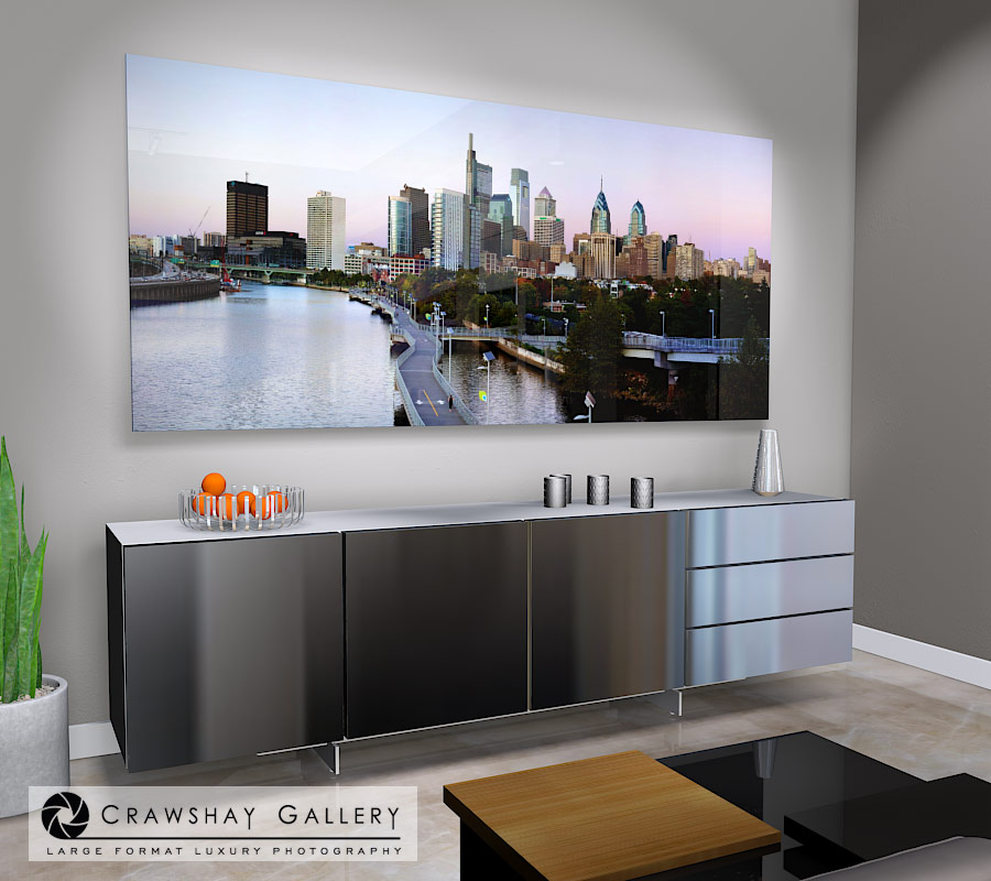 large format photograph of Philadelphia Skyline depicted in room
