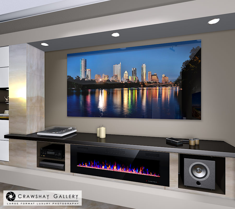 large format photograph of Austin Texas Skyline reflecting water depicted in room