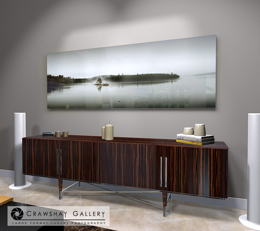 large format photograph of Misty Lake depicted in room