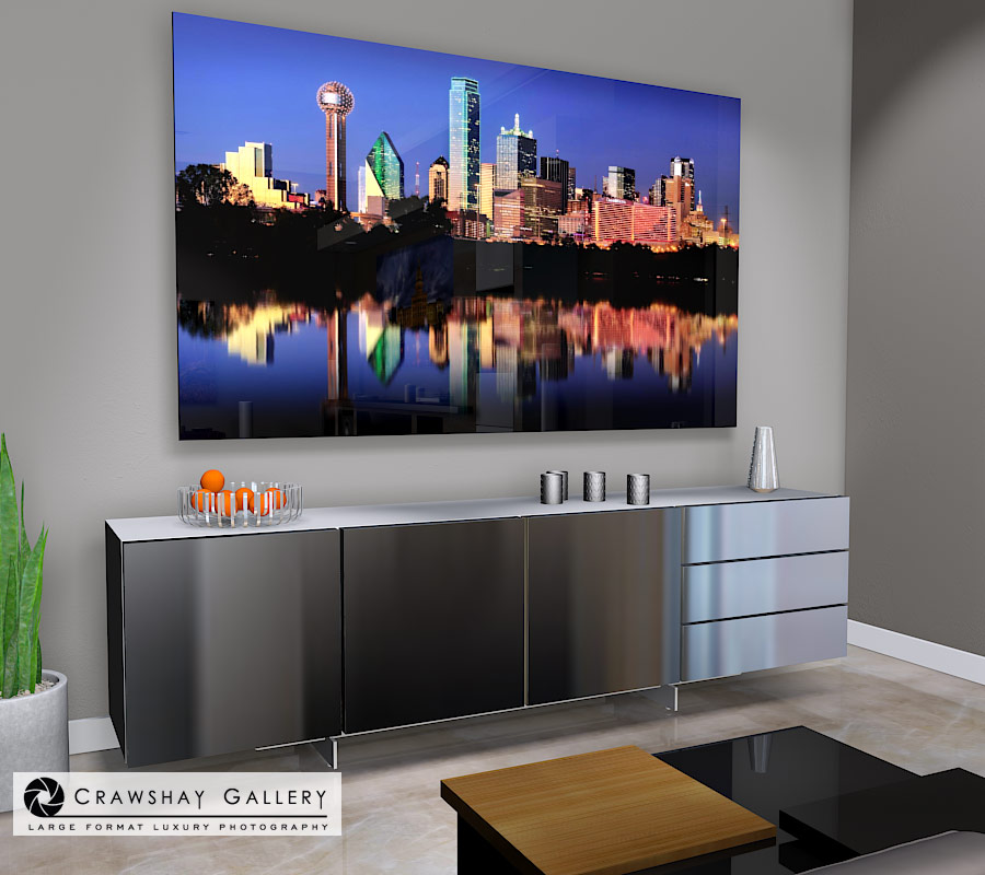 large format photograph of Dallas Texas Skyline after the flood depicted in room
